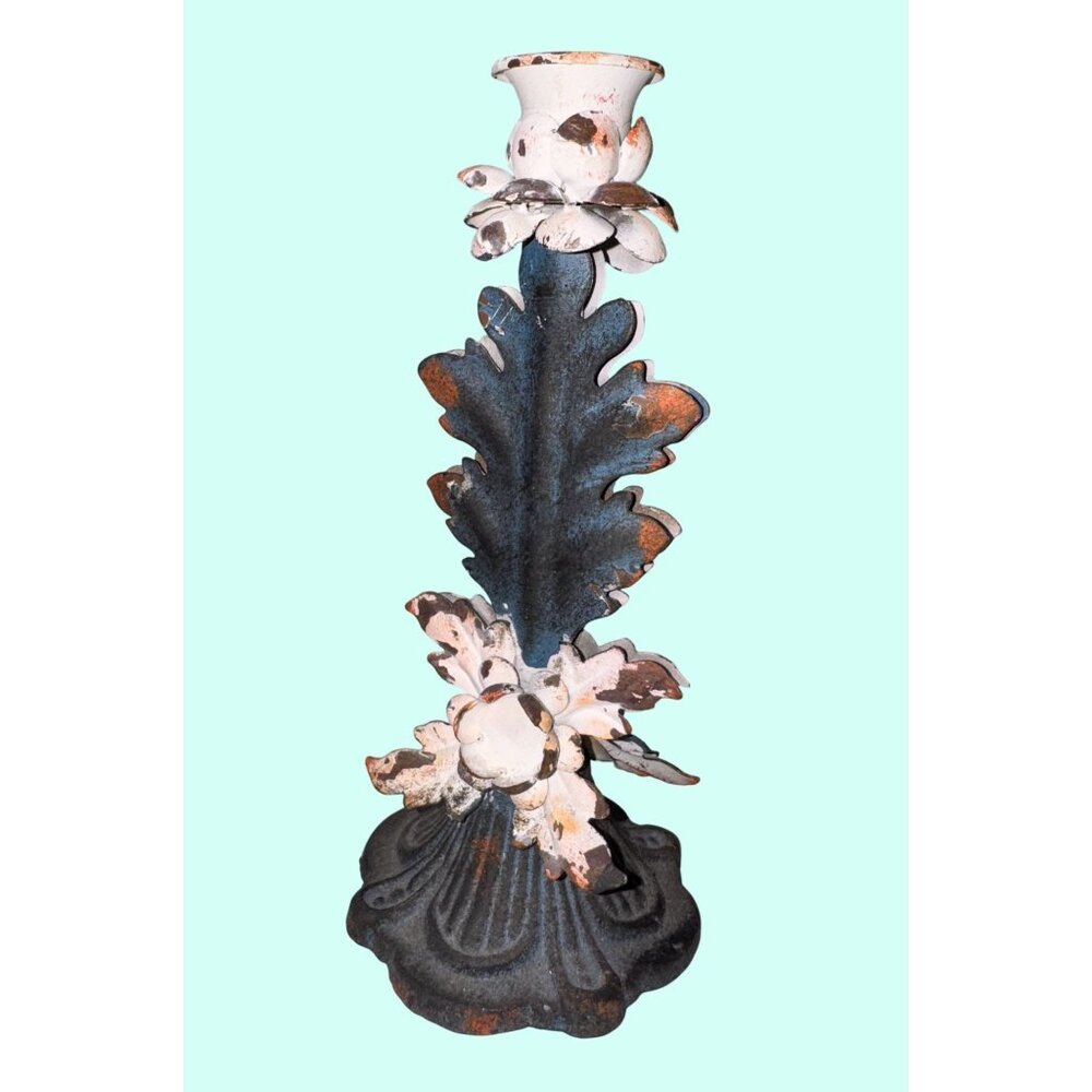 Vintage Metal Floral Candle Holder 12" Shabby Chic Distressed Finish - Picture 3 of 7